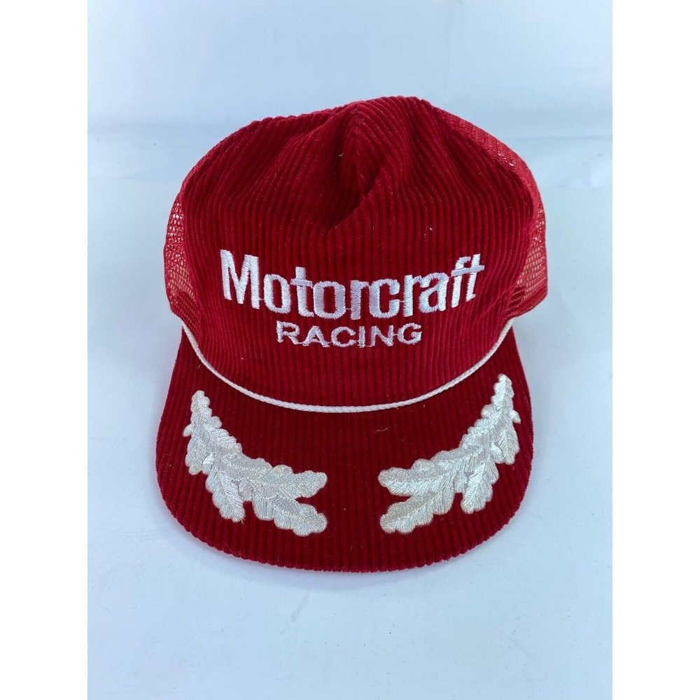 Vintage Motorcraft Racing Red Corduroy White Leaf Snapback Trucker Hat Cap USA